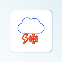 Line Cloud with snow and lightning icon isolated on white background. Cloud with snowflakes. Single weather icon. Snowing sign. Colorful outline concept. Vector
