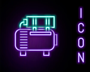 Glowing neon line Air compressor icon isolated on black background. Colorful outline concept. Vector