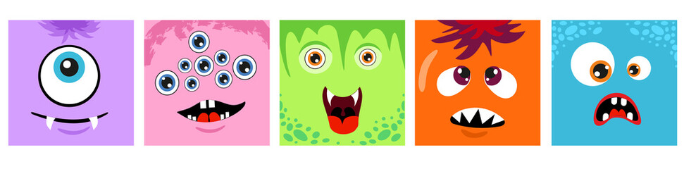 Abstract faces. Monsters square emotional face, monsters emoticons. Bright diverse cartoon monsters muzzles vector set