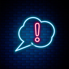 Glowing neon line Speech bubble and Exclamation icon isolated on brick wall background. FAQ sign. Copy files, chat speech bubble and chart. Colorful outline concept. Vector