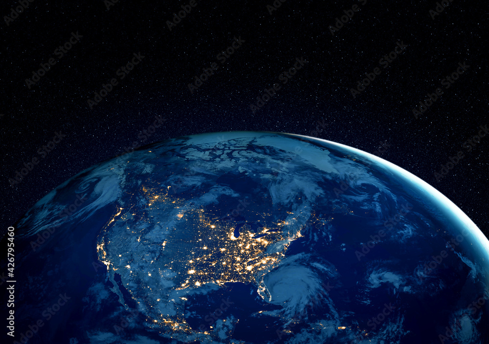 Poster planet earth globe view from space showing realistic earth surface and world map as in outer space p
