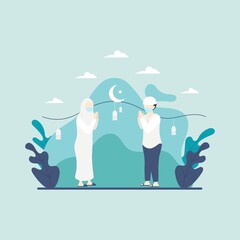 Naklejka premium Muslim man and women using mask for shake hand with physical distancing flat illustration design. Eid mubarak greeting card flat illustration design with trendy color background.