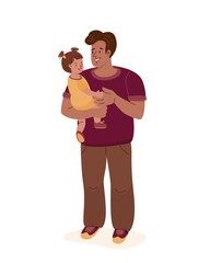 Father holds the little daughter. Vector color flat illustration with characters in cartoon style on the white background.