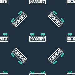 Line Hanging sign with honeycomb isolated seamless pattern on black background. Signboard icon. Honey cells symbol. Sweet natural food. Vector