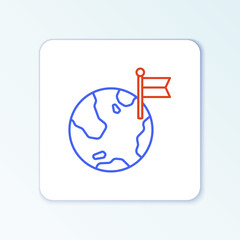 Line Planet with flag icon isolated on white background. Victory, winning and conquer adversity concept. Colorful outline concept. Vector