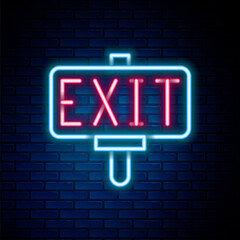 Glowing neon line Fire exit icon isolated on brick wall background. Fire emergency icon. Colorful outline concept. Vector