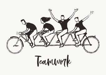 Obraz premium Happy young people bike together teamwork vector