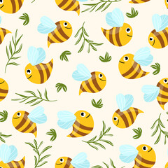 Seamless pattern with bees and leaves on color background. Small wasp. Vector illustration. Adorable cartoon character. Template design for invitation, cards, textile, fabric. Doodle style