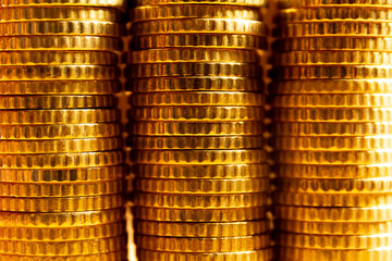 Close up view of three coin towers. Coin texture. Save money concept banner