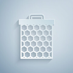 Paper cut Honeycomb icon isolated on grey background. Honey cells symbol. Sweet natural food. Paper art style. Vector