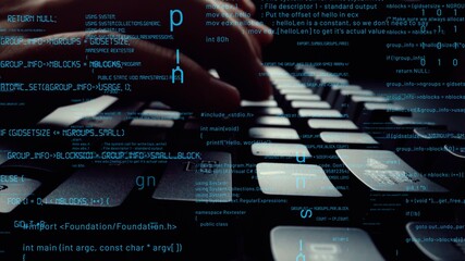 Creative visual of computer programming coding and software development shown by man working on...