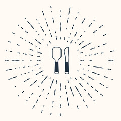 Grey Knife and spoon icon isolated on beige background. Cooking utensil. Cutlery sign. Abstract circle random dots. Vector