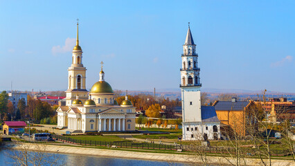 Old leaning tower and cathedral of Nevyansk, Urals, Russia