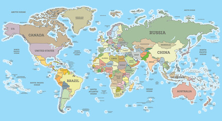 World Map with Borders and Countries. Cylindrical Projection.