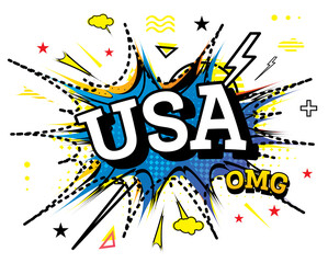 USA Comic Text in Pop Art Style Isolated on White Background.