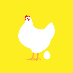黄色い背景に白いニワトリと卵のイラスト　Chicken with egg illustration