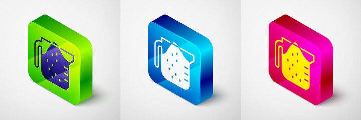 Isometric Measuring cup to measure dry and liquid food icon isolated on grey background. Plastic graduated beaker with handle. Square button. Vector