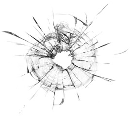 Bullet hole in the glass. Isolated on a white background.