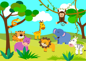 African animals in the forest cartoon illustration