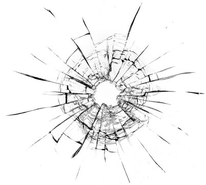 Bullet hole in the glass. Isolated on a white background.