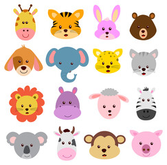 Fototapeta premium Cartoo faces of wild and farm animals Animal head stickers