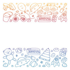 Vector pattern with kindergarten, toy children. Happy children illustration. Gradient drawing on a notebook in a Squared notebook.