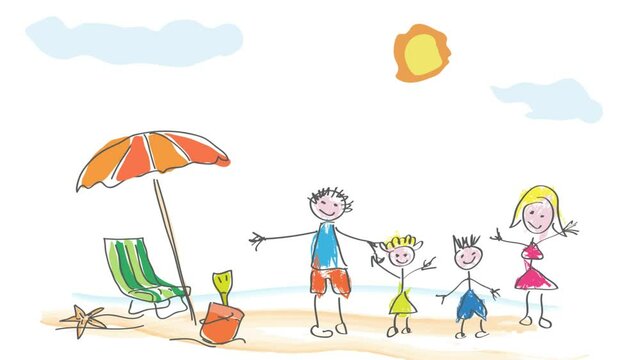 Animated drawing made by a child, happy family greeting from a beach on summer vacation at the sea