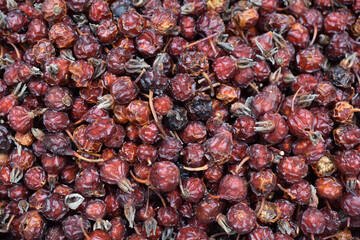 Dried rosehip plant for the backdrop. The dark red color of the rose haw fruit. Ingredient concept for herbal teas, jam, jelly, syrup, rose hip soup.