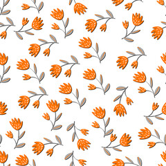 Seamless floral pattern based on traditional folk art ornaments. Colorful flowers on light background. Scandinavian style. Sweden nordic style. Vector illustration. Simple minimalistic pattern