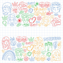 Fototapeta premium Woman international day 8 march. Girl Power. Feminism concept. Vector pattern. Sticker, patch graphic design.