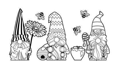 Set gnomes with honey and bees, hello spring summer, honey jar, gnomes with a daisy, gnome bee, hive cartoon characters dwarves vector linear art for printing greeting cards and coloring books