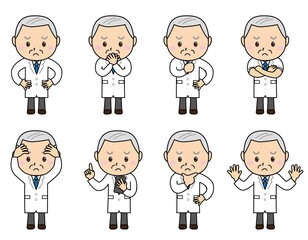 おじいさん01_03（白衣・男性・困る・悩む・ポーズセット）