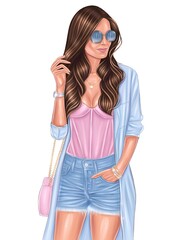 Stylish brunette in fashionable clothes and sunglasses, with a bag, on an isolated white background. For designers, typography, printing industry, book publishers, posters, for printing on T-shirts.