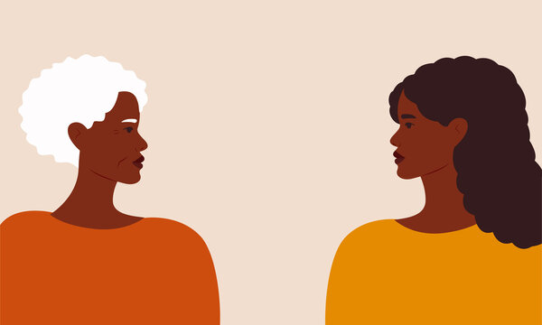 Happy Mother's Day, Black Mother And Daughter Concept. Side View Of Black Senior Mother And Her Daughter Look At Each Other. Young Woman Looks At Her Mature Version. Vector Illustration In Flat Style.