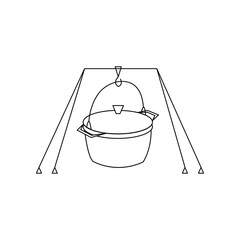 Linear black white cauldron icon. Can be used as a sticker, symbol or sign. Simple stock vector illustration isolated on white background. Outline pot for cooking, hiking, traveling, outdoors eating