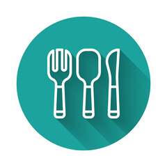 White line Fork, spoon and knife icon isolated with long shadow background. Cooking utensil. Cutlery sign. Green circle button. Vector