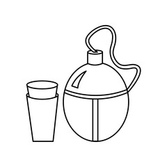 Linear black white flask for water icon. Can be used as a sticker, symbol or sign. Simple stock vector illustration isolated on white background. Outline flask with glasses for hiking and traveling.