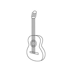 Fototapeta premium Linear black white guitar icon. Can be used as a sticker, symbol or sign. Simple stock vector illustration isolated on white background. Outline guitar for hiking and traveling, relaxation with music.