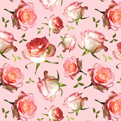 Seamless Pattern. Flowers creative layout made of white and pink roses on pink background. Nature. Happy Birthday, Happy Mother's Day, Wedding Day, Valentine's Day, International Women Day card.