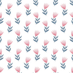 Watercolor seamless pattern of pink flowers in folk style.