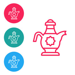 Red line Islamic teapot icon isolated on white background. Set icons in circle buttons. Vector