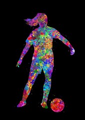 Fototapeta na wymiar Soccer Player girl watercolor art with black background, abstract sport painting. sport art print, watercolor illustration rainbow, colorful, decoration wall art.