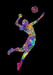 Obraz premium Volleyball Player girl watercolor art with black background, abstract sport painting. sport art print, watercolor illustration rainbow, colorful, decoration wall art.