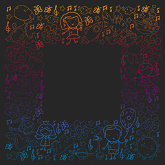 Kindergarten children. Doodle set of objects for kids. Toys and boys and girls. Vector outline icons