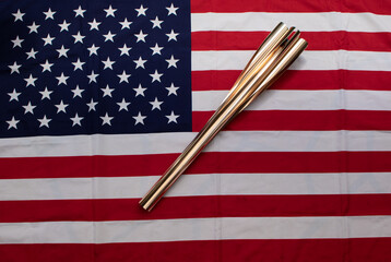 American Flag with a torch on it used for a Surfing event in Chiba Japan it resembles a cherry blossom 