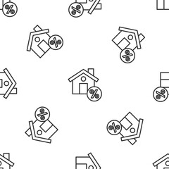 Grey line House with percant discount tag icon isolated seamless pattern on white background. Real estate home. Credit percentage symbol. Vector