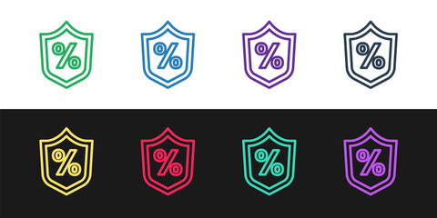 Set line Loan percent icon isolated on black and white background. Protection shield sign. Credit percentage symbol. Vector