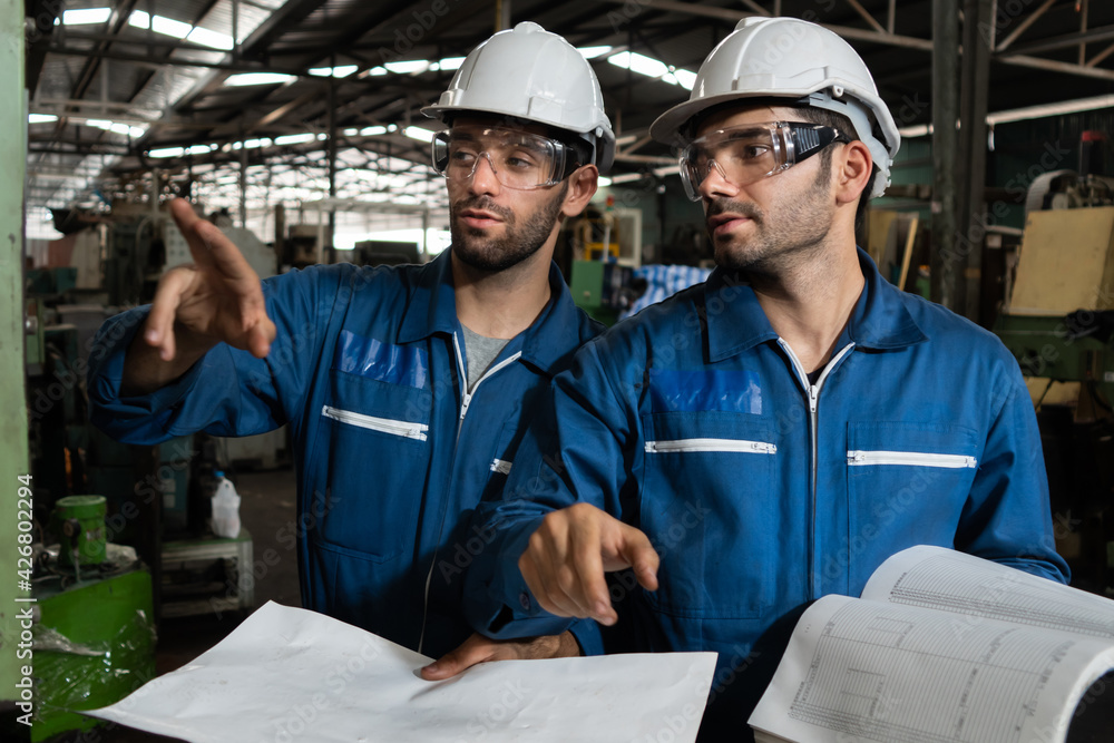 Poster group of skillful factory workers using machine equipment in workshop . industry and engineering peo