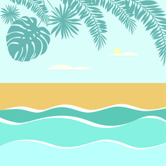 Vector flat design illustration: tropical landcape with wave of blue sea, warm beige sand, sunny light sky , small clouds, silhouettes of big palm leaves. For card , poster, invitation about summer.