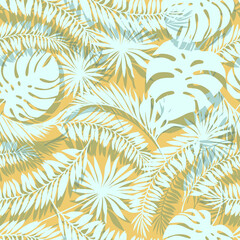 Fototapeta na wymiar Vector summer seamless pattern : light blue big tropical palm leaves with shadows on warm beige sand background. Flat design art for textile , wallpaper, wrapping paper, notebook cover about vacations